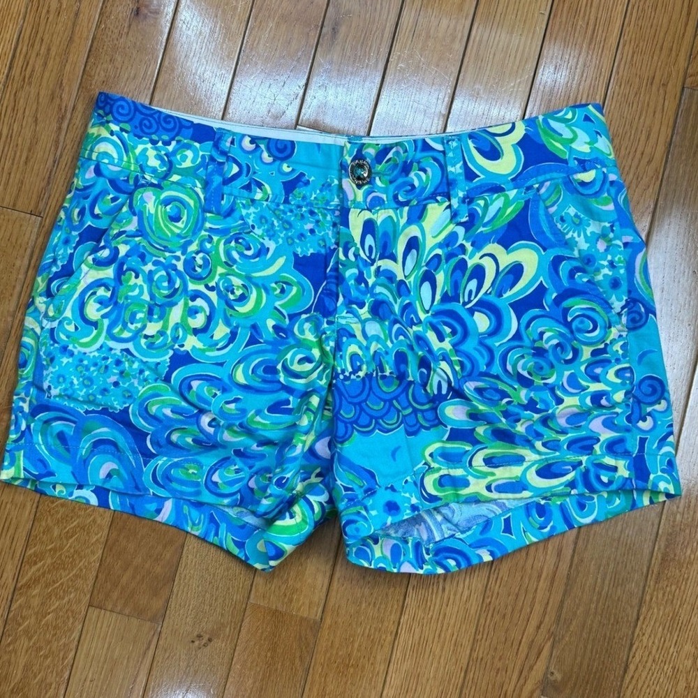 Lilly Pulitzer Callahan Shorts Womens 2 Blue Green Swirl Print Cotton Chino